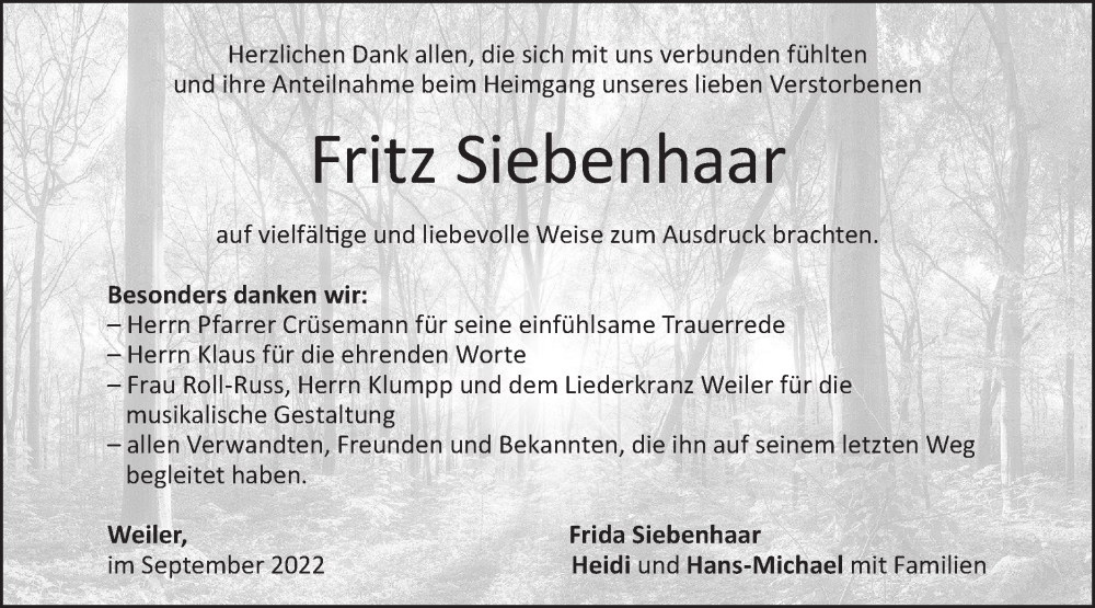  Traueranzeige für Fritz Siebenhaar vom 29.09.2022 aus Geislinger Zeitung