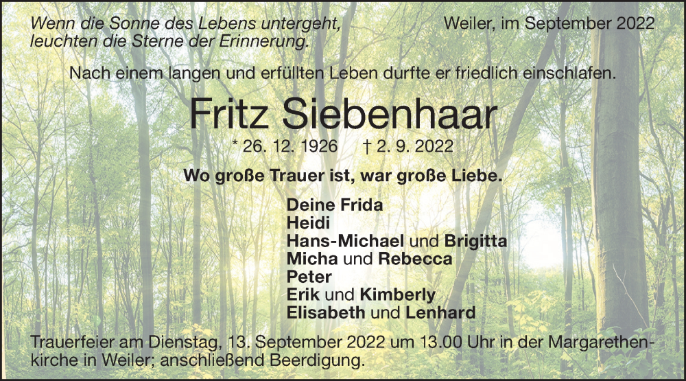  Traueranzeige für Fritz Siebenhaar vom 08.09.2022 aus Geislinger Zeitung