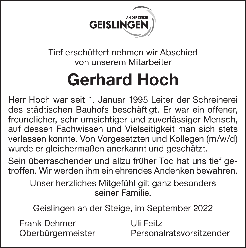  Traueranzeige für Gerhard Hoch vom 22.09.2022 aus Geislinger Zeitung