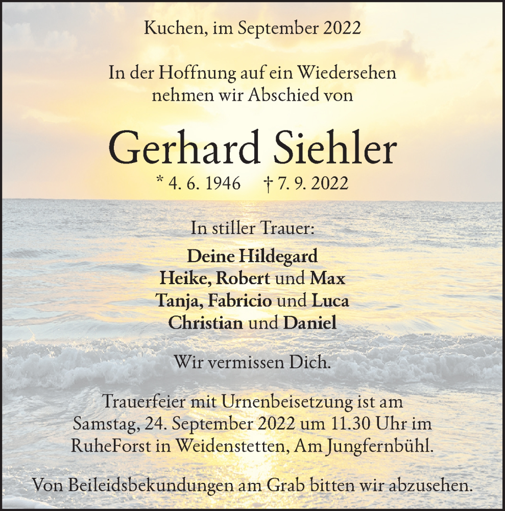  Traueranzeige für Gerhard Siehler vom 17.09.2022 aus Geislinger Zeitung