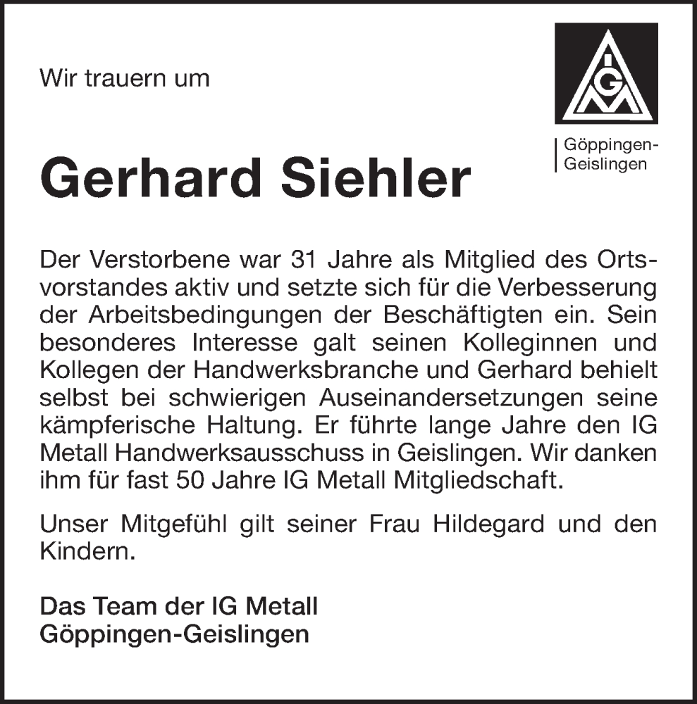  Traueranzeige für Gerhard Siehler vom 22.09.2022 aus Geislinger Zeitung