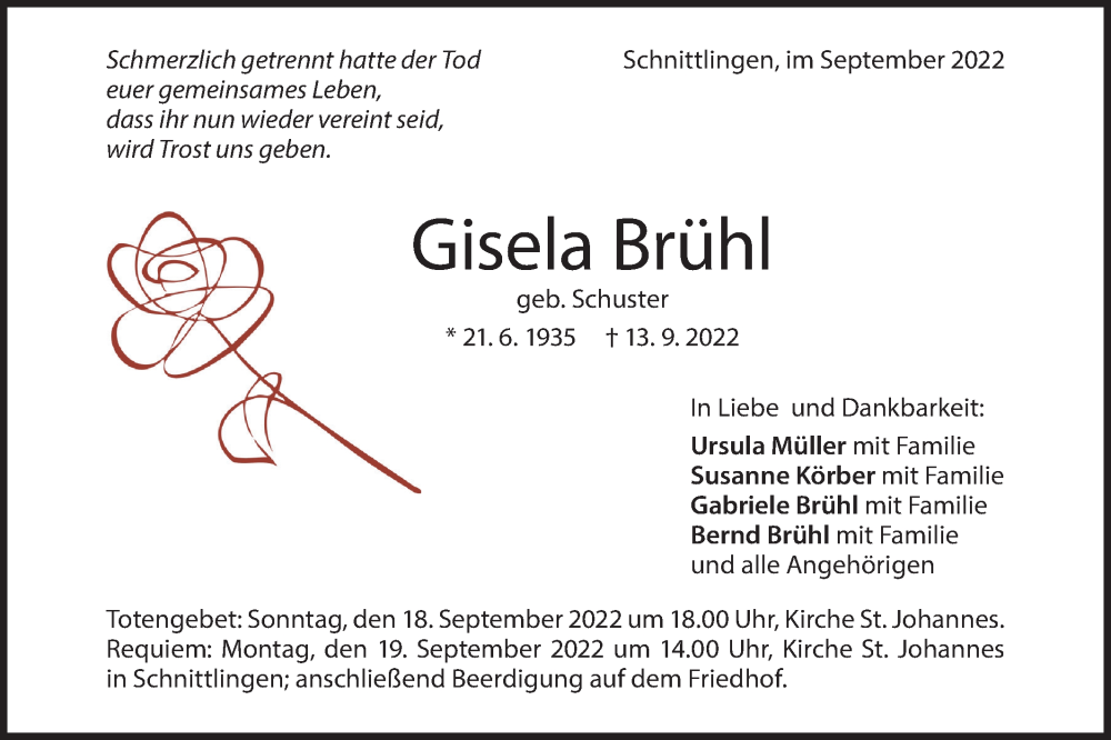  Traueranzeige für Gisela Brühl vom 15.09.2022 aus Geislinger Zeitung