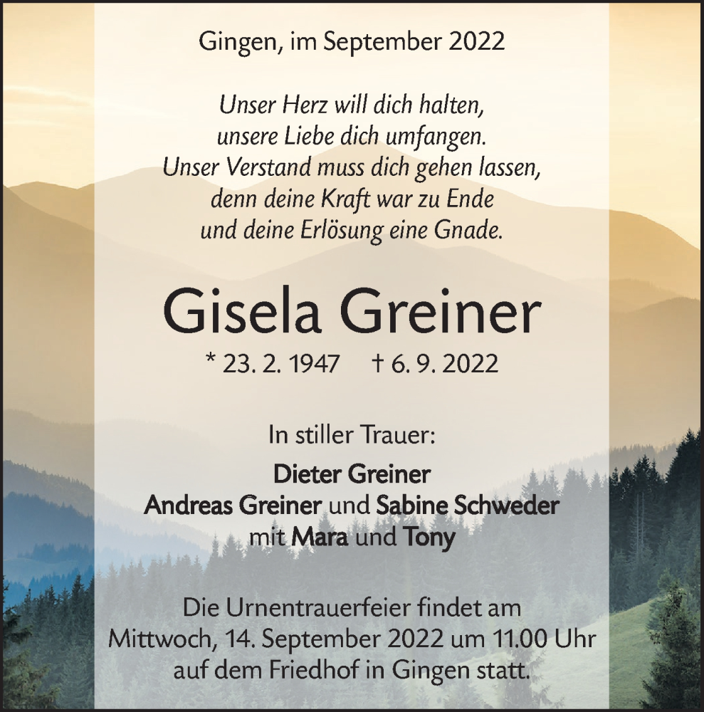  Traueranzeige für Gisela Greiner vom 10.09.2022 aus NWZ Neue Württembergische Zeitung/Geislinger Zeitung