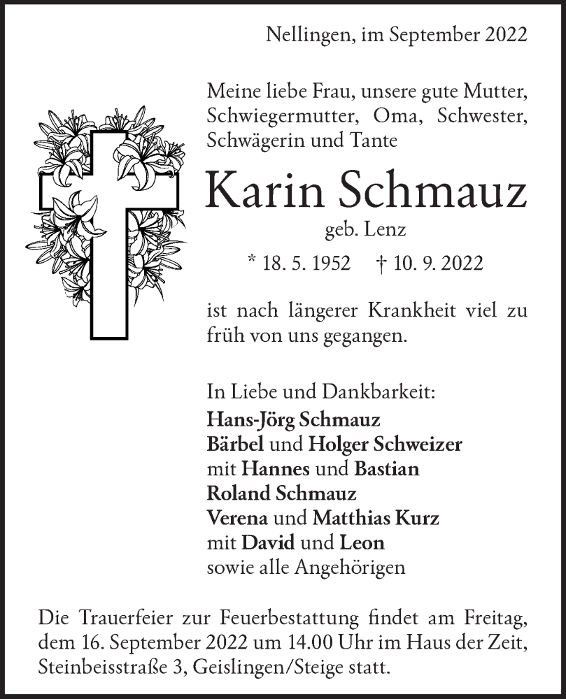  Traueranzeige für Karin Schmauz vom 14.09.2022 aus Geislinger Zeitung