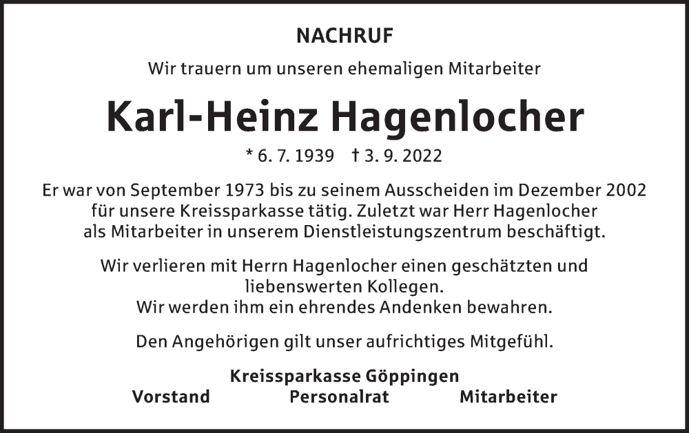  Traueranzeige für Karl-Heinz Hagenlocher vom 07.09.2022 aus NWZ Neue Württembergische Zeitung/Geislinger Zeitung