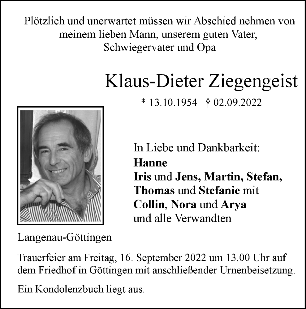  Traueranzeige für Klaus-Dieter Ziegengeist vom 12.09.2022 aus Geislinger Zeitung