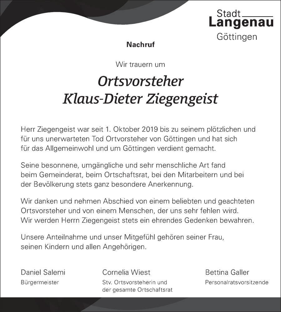  Traueranzeige für Klaus-Dieter Ziegengeist vom 15.09.2022 aus SÜDWEST PRESSE