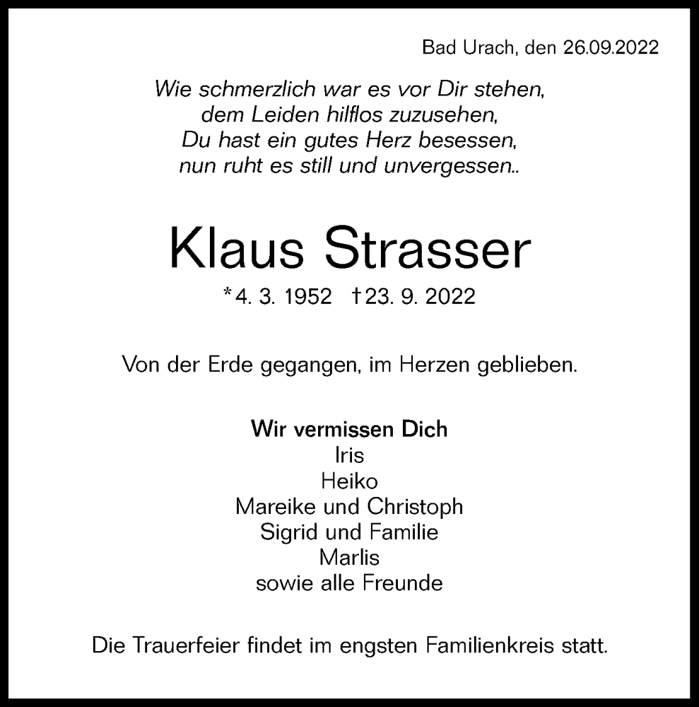  Traueranzeige für Klaus Strasser vom 26.09.2022 aus Metzinger-Uracher Volksblatt