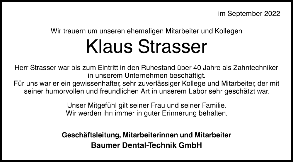  Traueranzeige für Klaus Strasser vom 28.09.2022 aus Metzinger-Uracher Volksblatt