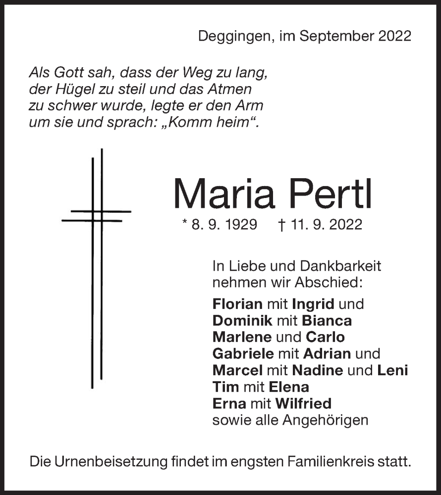  Traueranzeige für Maria Pertl vom 17.09.2022 aus Geislinger Zeitung