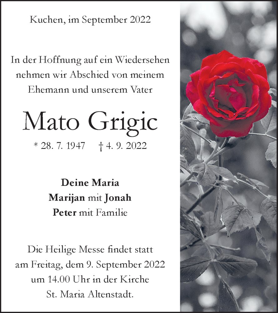  Traueranzeige für Mato Grigic vom 07.09.2022 aus Geislinger Zeitung