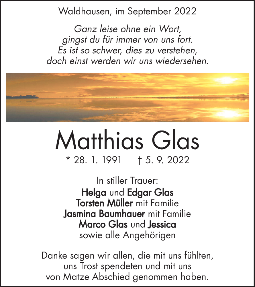  Traueranzeige für Matthias Glas vom 22.09.2022 aus Geislinger Zeitung