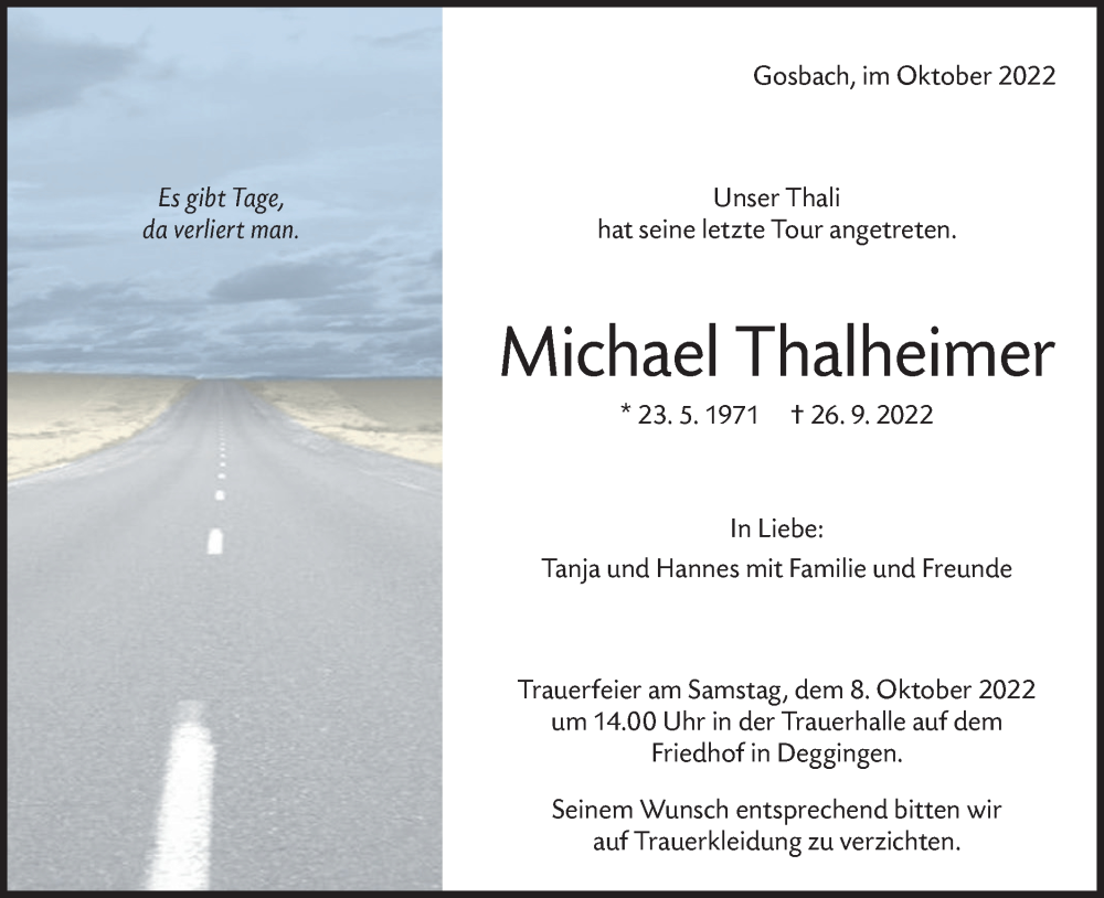  Traueranzeige für Michael Thalheimer vom 01.10.2022 aus Geislinger Zeitung