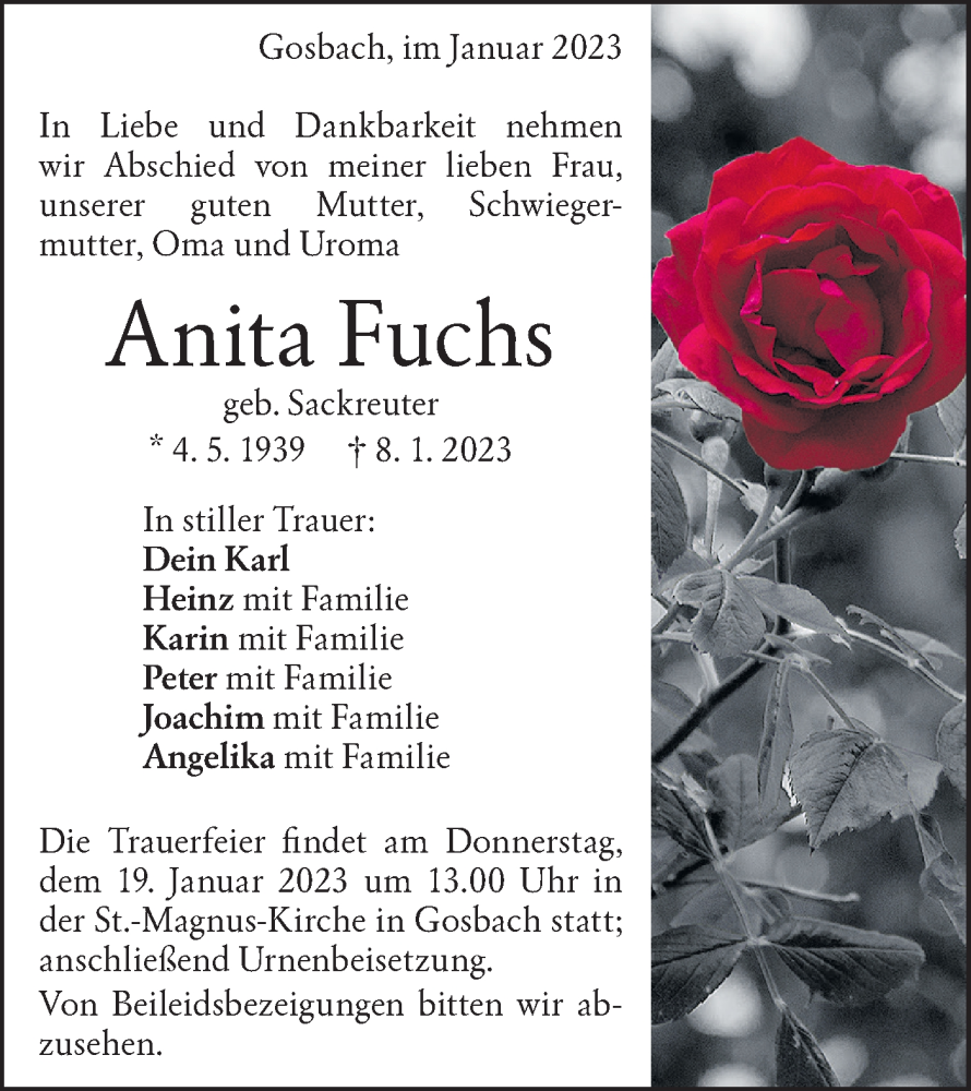  Traueranzeige für Anita Fuchs vom 14.01.2023 aus Geislinger Zeitung