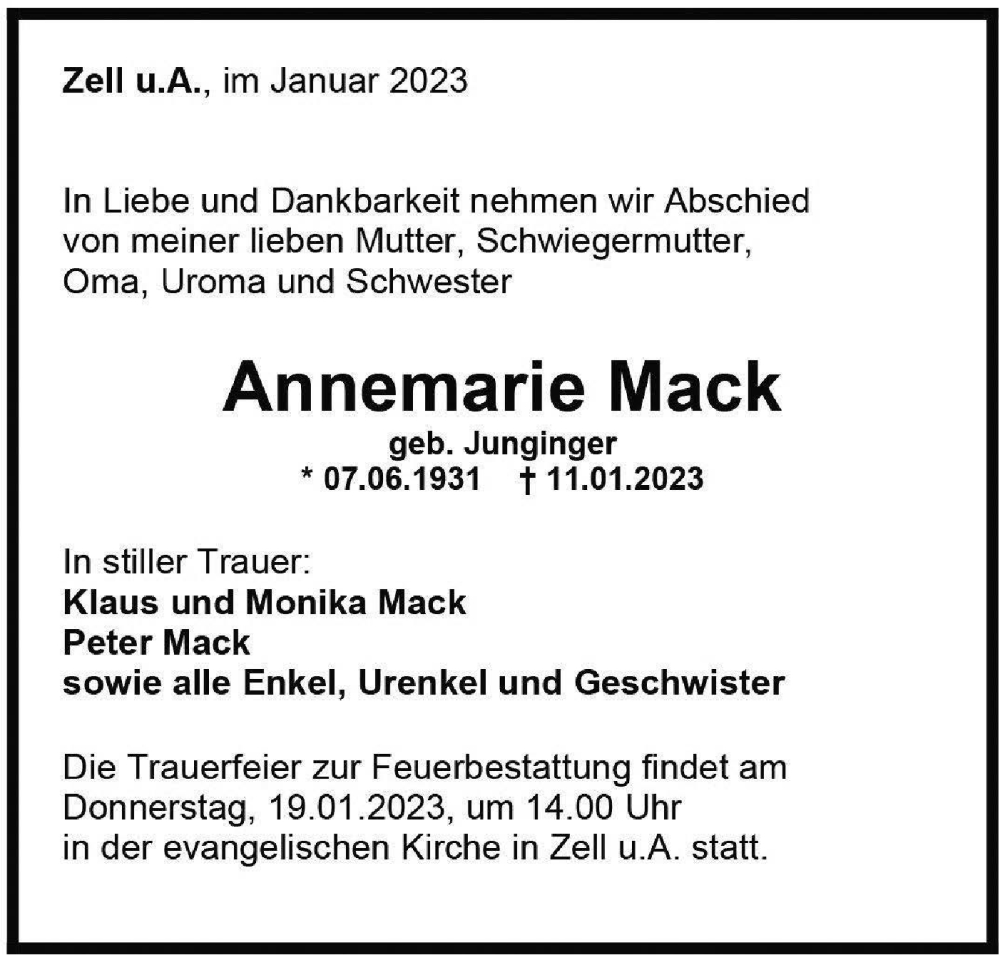  Traueranzeige für Annemarie Mack vom 17.01.2023 aus Geislinger Zeitung