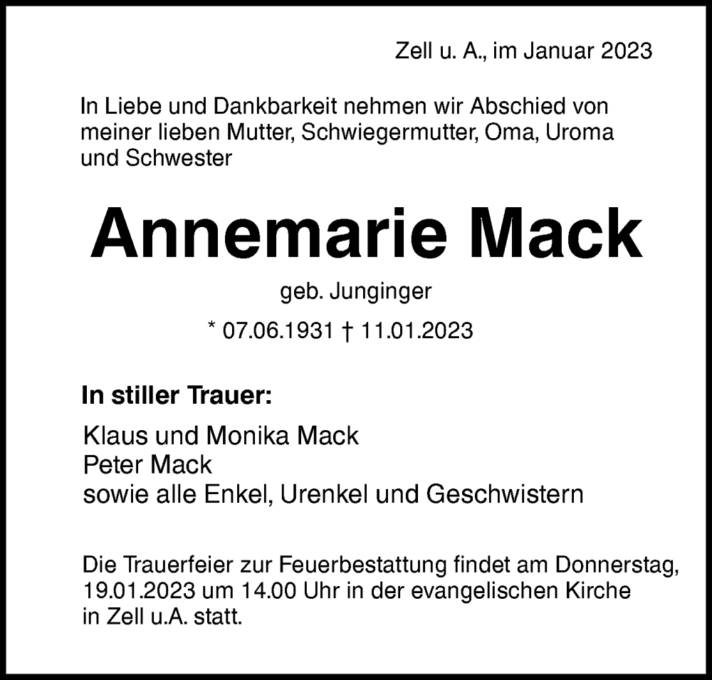  Traueranzeige für Annemarie Mack vom 14.01.2023 aus NWZ Neue Württembergische Zeitung