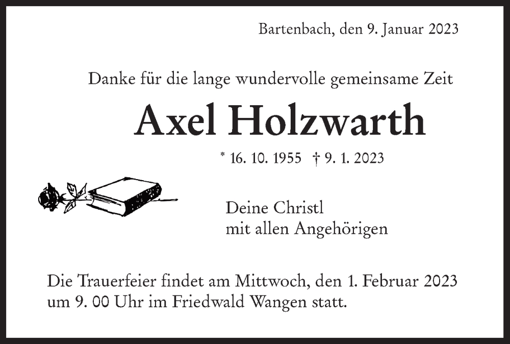  Traueranzeige für Axel Holzwarth vom 14.01.2023 aus NWZ Neue Württembergische Zeitung