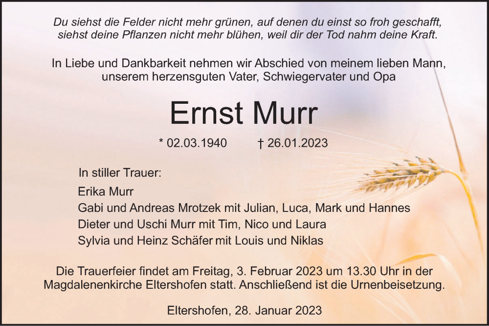  Traueranzeige für Ernst Murr vom 28.01.2023 aus Haller Tagblatt