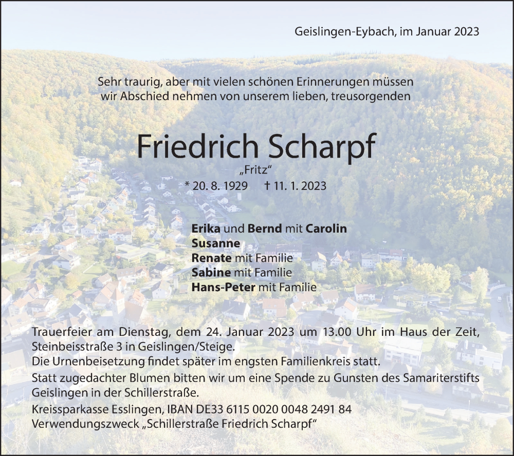  Traueranzeige für Friedrich Scharpf vom 19.01.2023 aus Geislinger Zeitung