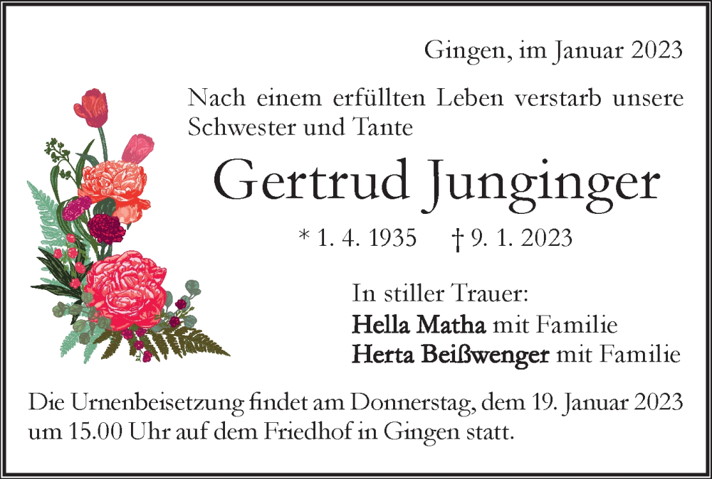  Traueranzeige für Gertrud Junginger vom 16.01.2023 aus Geislinger Zeitung