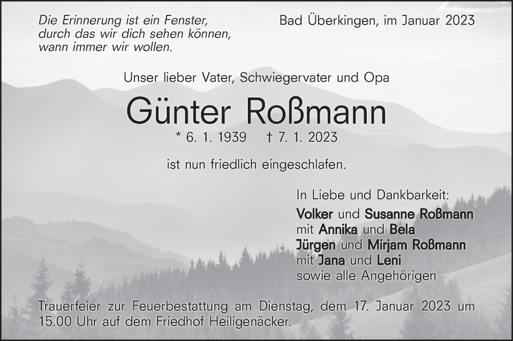  Traueranzeige für Günter Roßmann vom 12.01.2023 aus Geislinger Zeitung