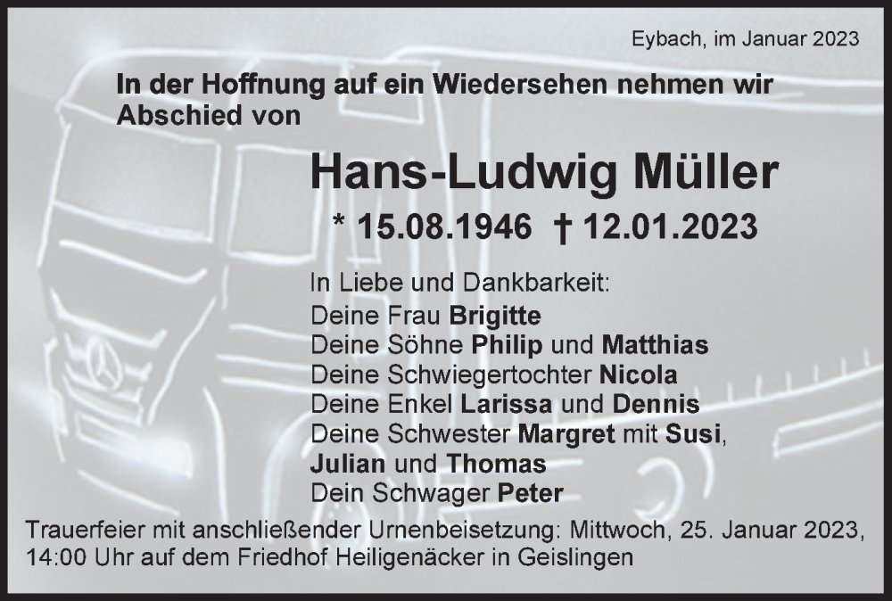  Traueranzeige für Hans-Ludwig Müller vom 21.01.2023 aus Geislinger Zeitung