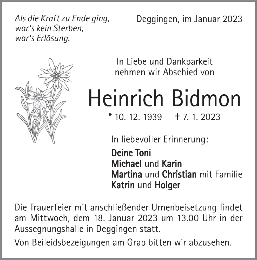  Traueranzeige für Heinrich Bidmon vom 14.01.2023 aus Geislinger Zeitung