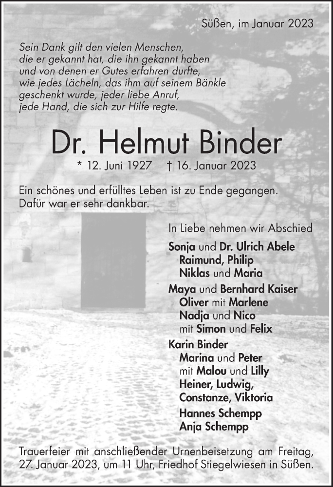  Traueranzeige für Helmut Binder vom 21.01.2023 aus NWZ Neue Württembergische Zeitung/Geislinger Zeitung