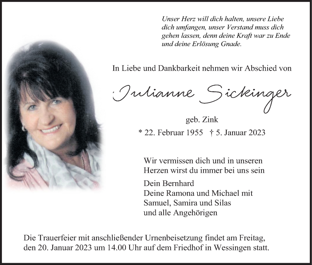  Traueranzeige für Julianne Sickinger vom 18.01.2023 aus Metzinger-Uracher Volksblatt