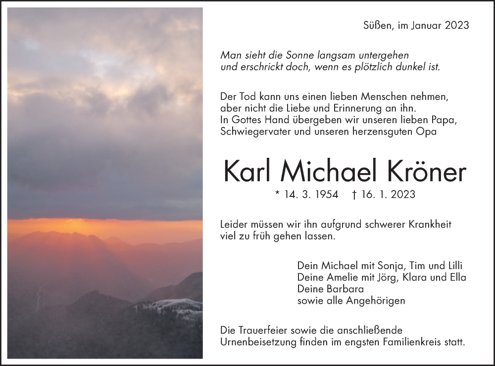  Traueranzeige für Karl Michael Kröner vom 19.01.2023 aus NWZ Neue Württembergische Zeitung/Geislinger Zeitung