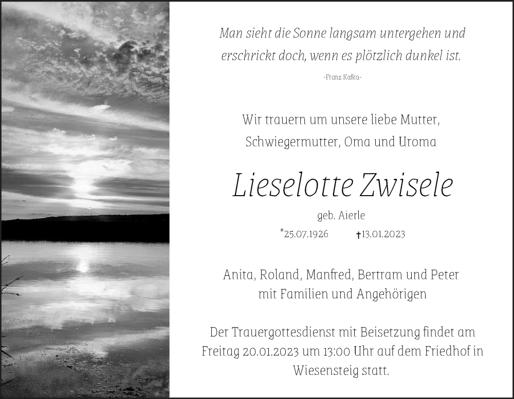  Traueranzeige für Lieselotte Zwisele vom 17.01.2023 aus Geislinger Zeitung