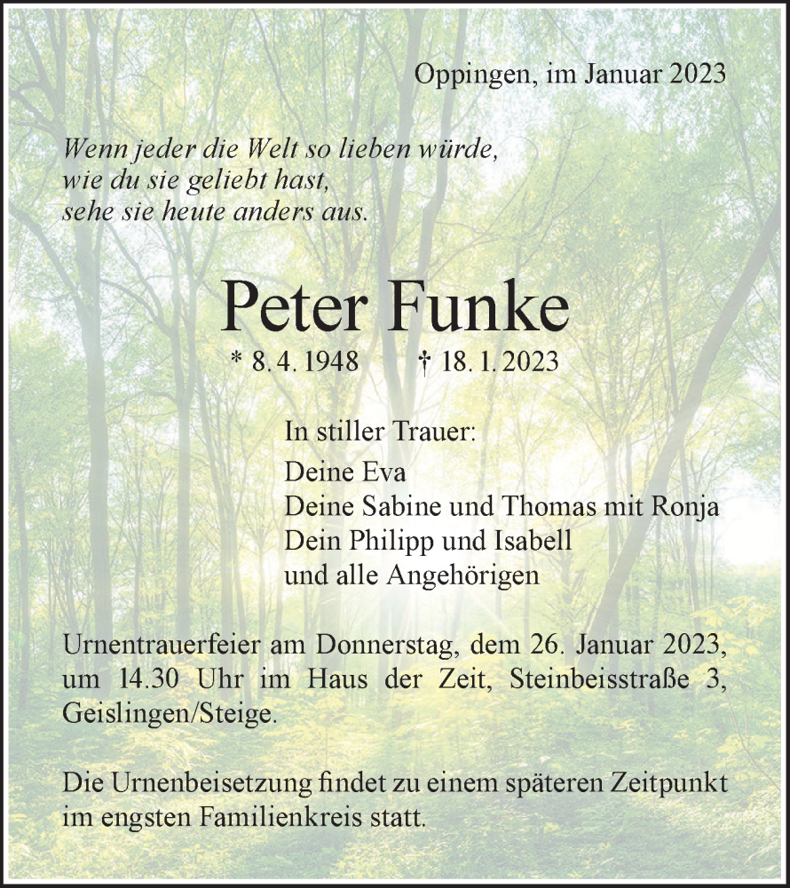  Traueranzeige für Peter Funke vom 21.01.2023 aus NWZ Neue Württembergische Zeitung/Geislinger Zeitung