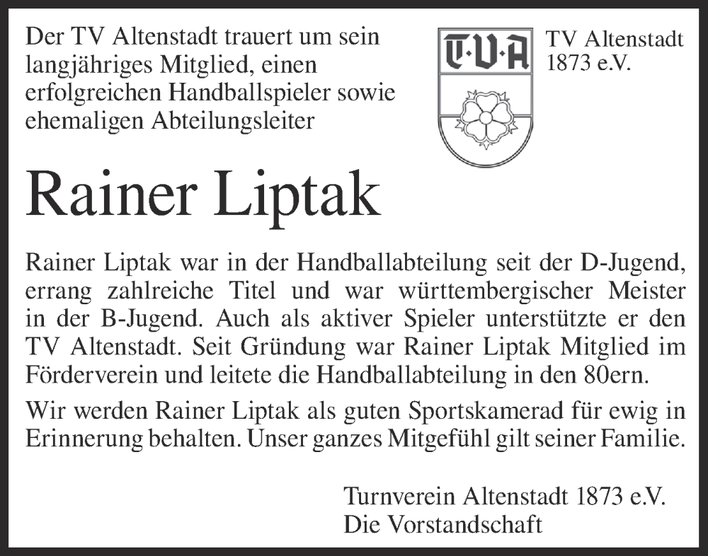  Traueranzeige für Rainer Liptak vom 27.01.2023 aus Geislinger Zeitung
