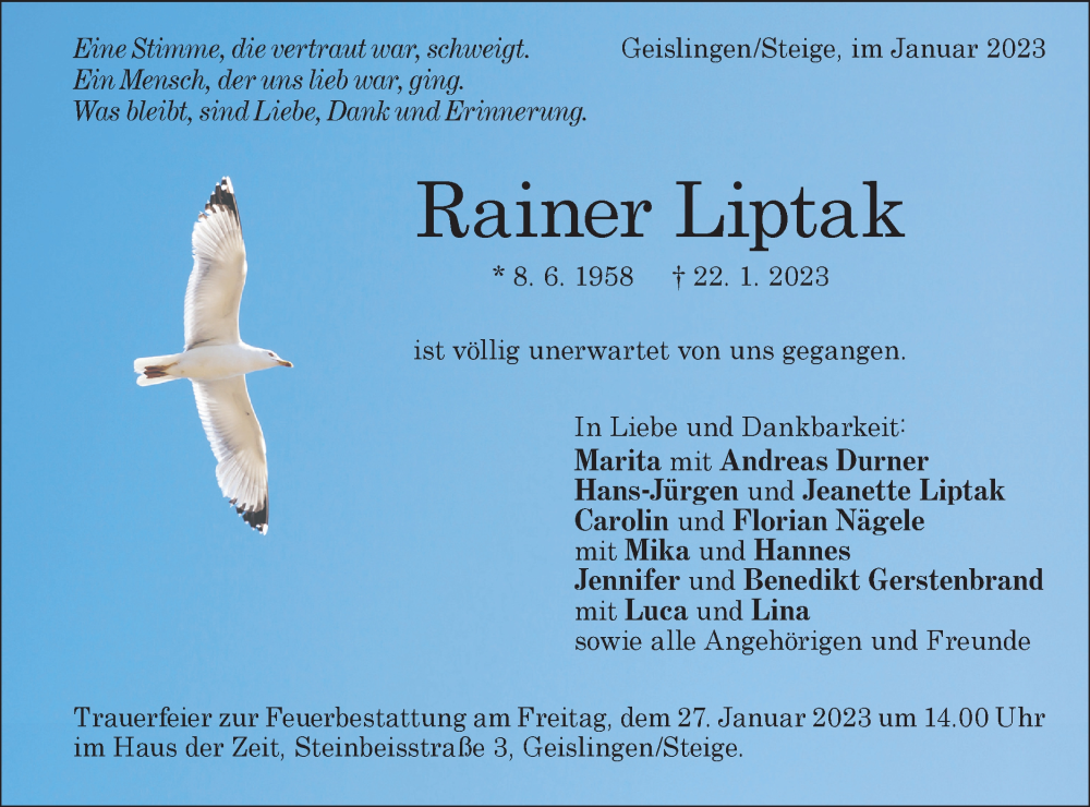  Traueranzeige für Rainer Liptak vom 24.01.2023 aus Geislinger Zeitung