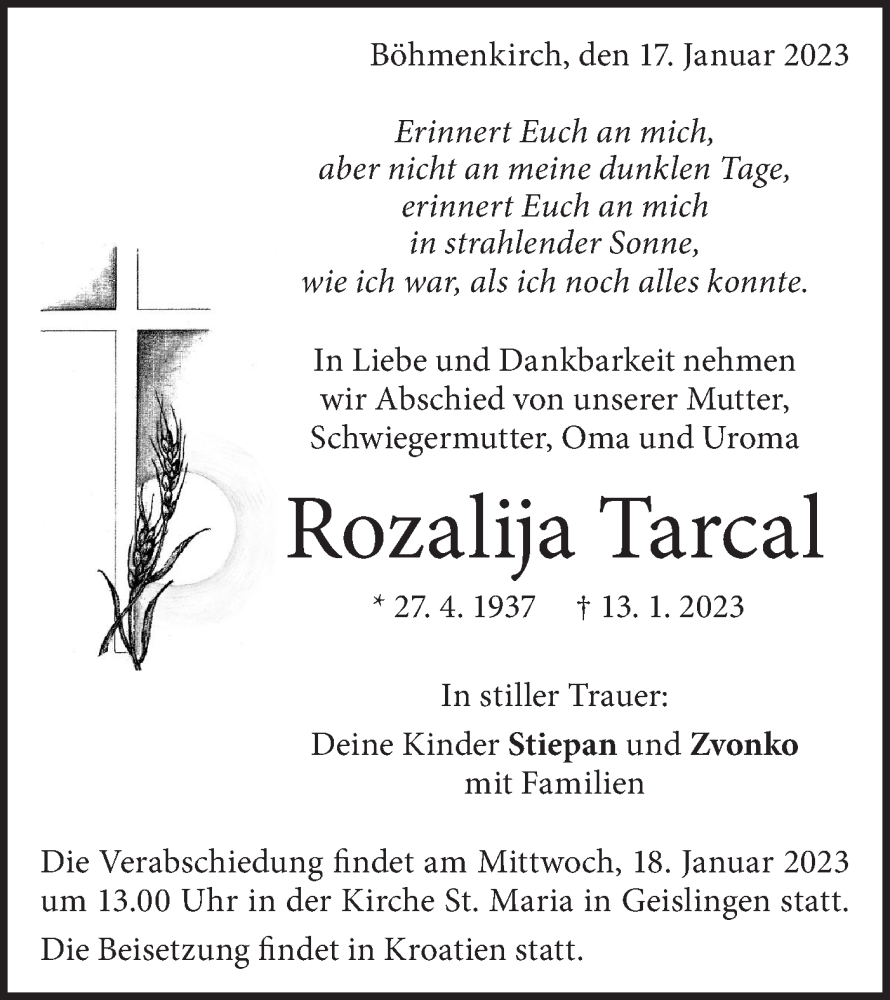  Traueranzeige für Rozalija Tarcal vom 17.01.2023 aus Geislinger Zeitung