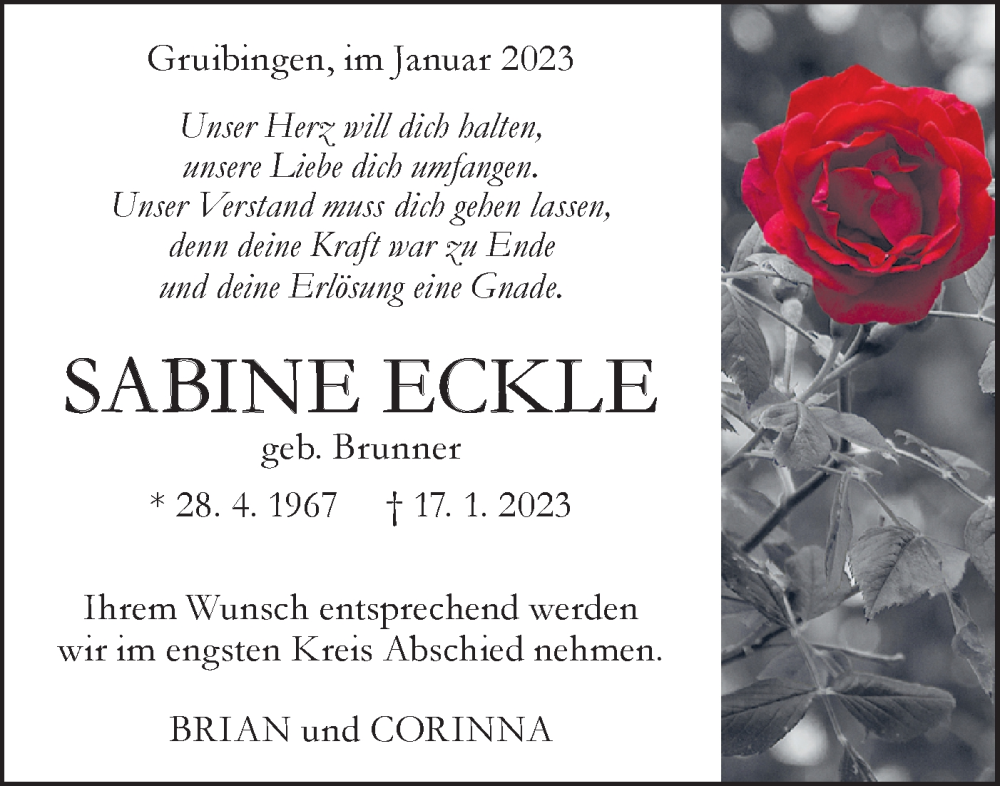  Traueranzeige für Sabine Eckle vom 28.01.2023 aus Geislinger Zeitung