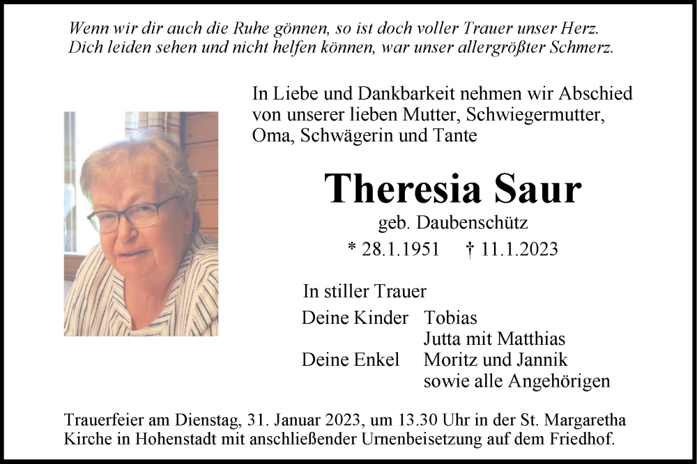  Traueranzeige für Theresia Saur vom 23.01.2023 aus Geislinger Zeitung