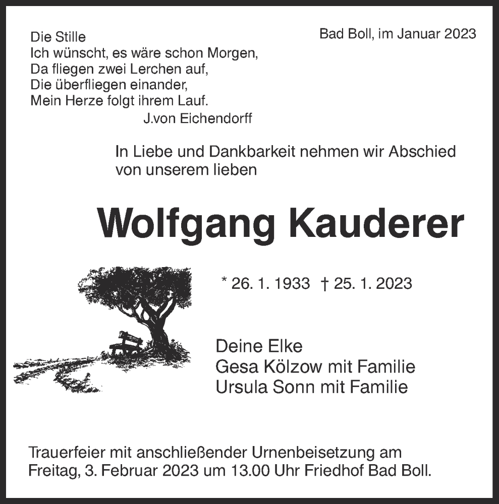  Traueranzeige für Wolfgang Kauderer vom 28.01.2023 aus NWZ Neue Württembergische Zeitung