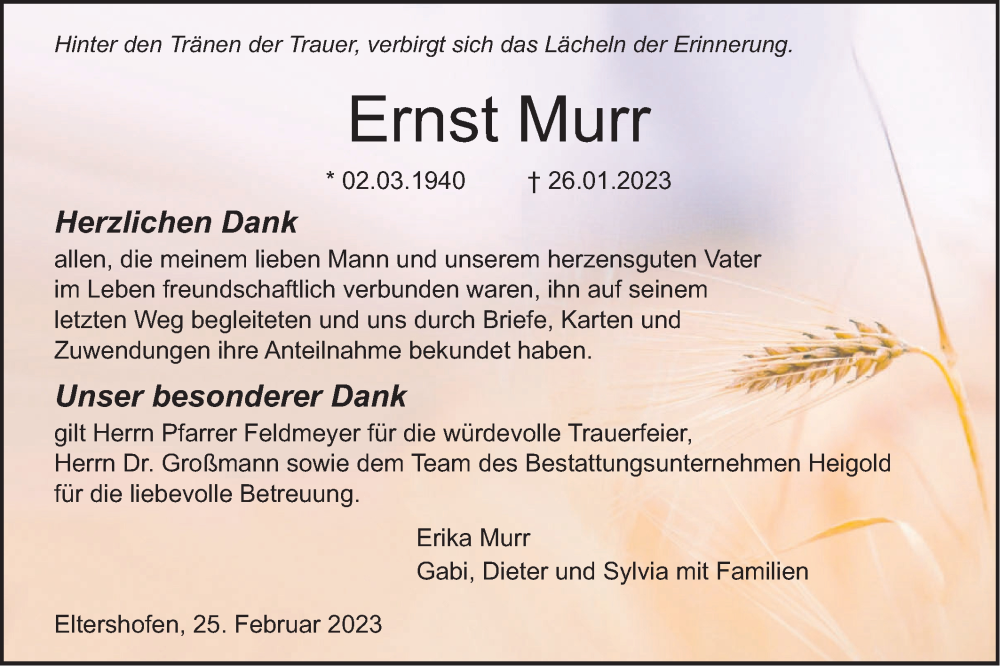 Traueranzeige für Ernst Murr vom 25.02.2023 aus Haller Tagblatt