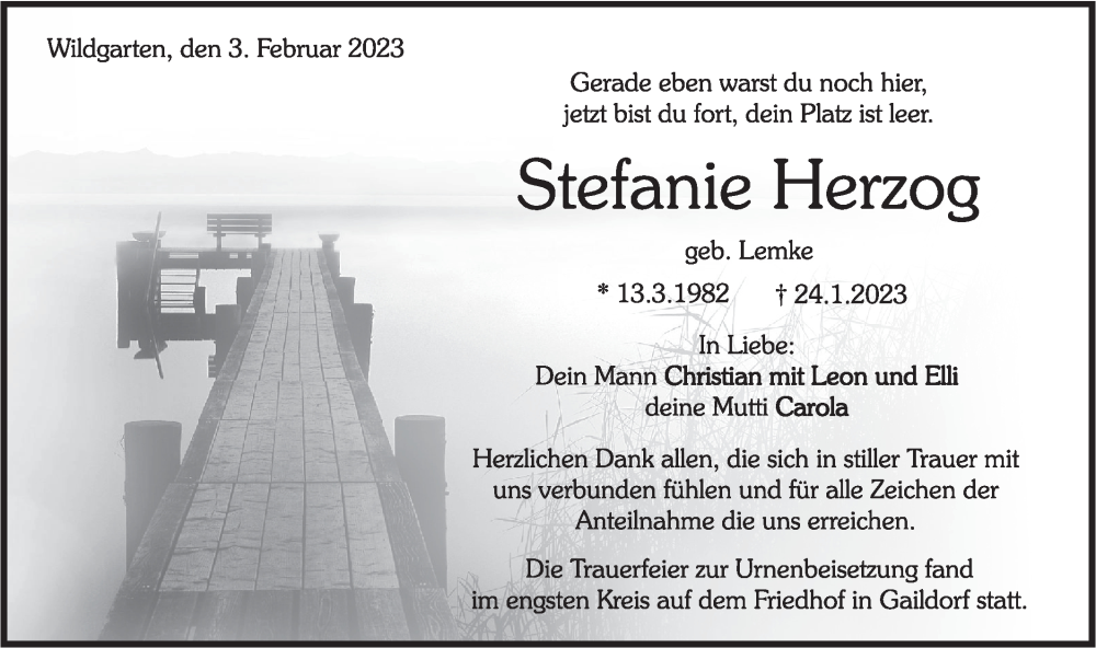  Traueranzeige für Stefanie Herzog vom 04.02.2023 aus Rundschau Gaildorf