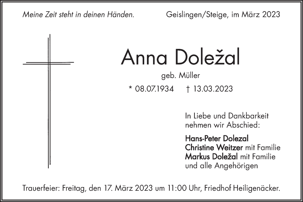  Traueranzeige für Anna Doležal vom 15.03.2023 aus Geislinger Zeitung