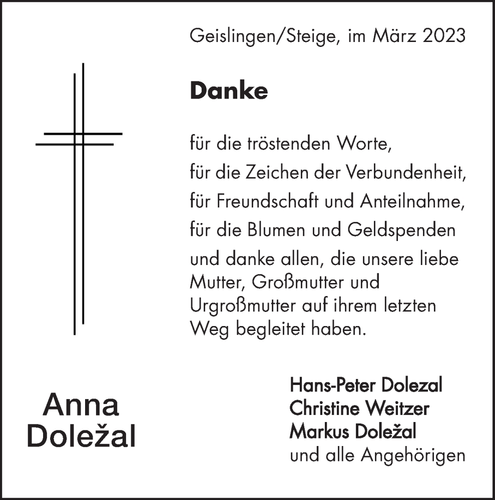  Traueranzeige für Anna Doležal vom 29.03.2023 aus Geislinger Zeitung