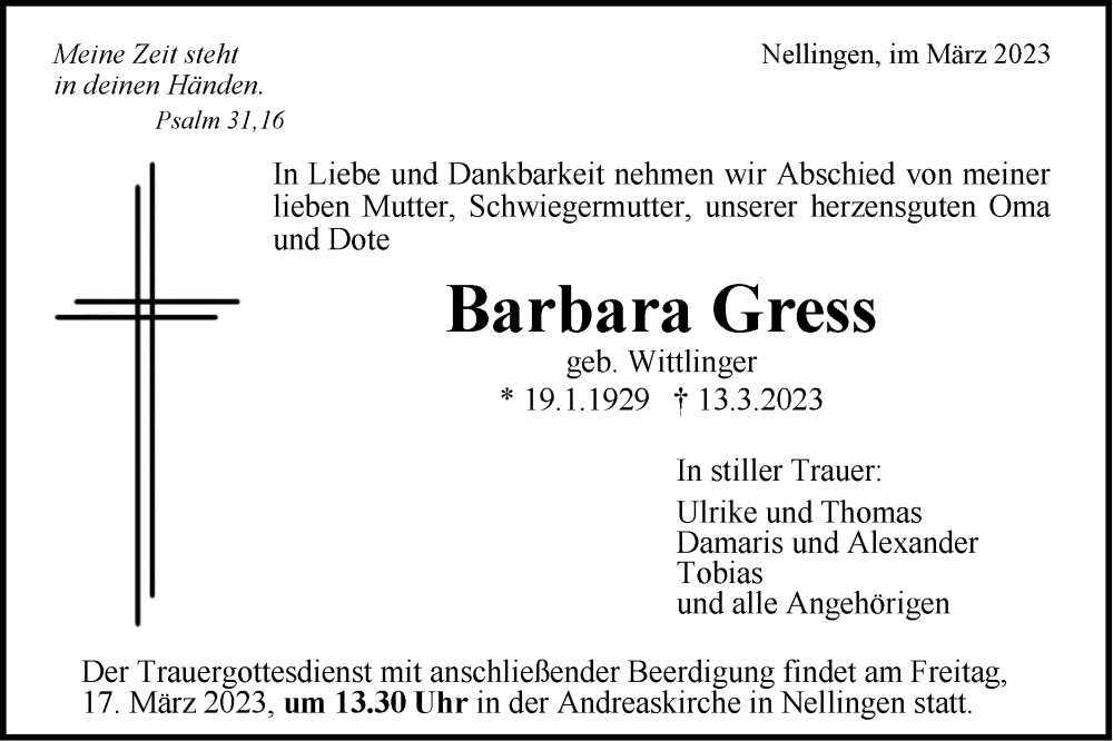  Traueranzeige für Barbara Gress vom 16.03.2023 aus SÜDWEST PRESSE Ausgabe Ulm/Neu-Ulm
