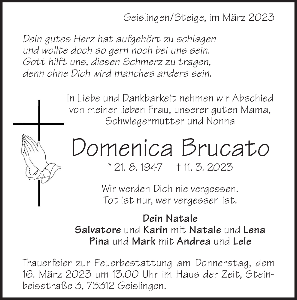  Traueranzeige für Domenica Brucato vom 14.03.2023 aus Geislinger Zeitung