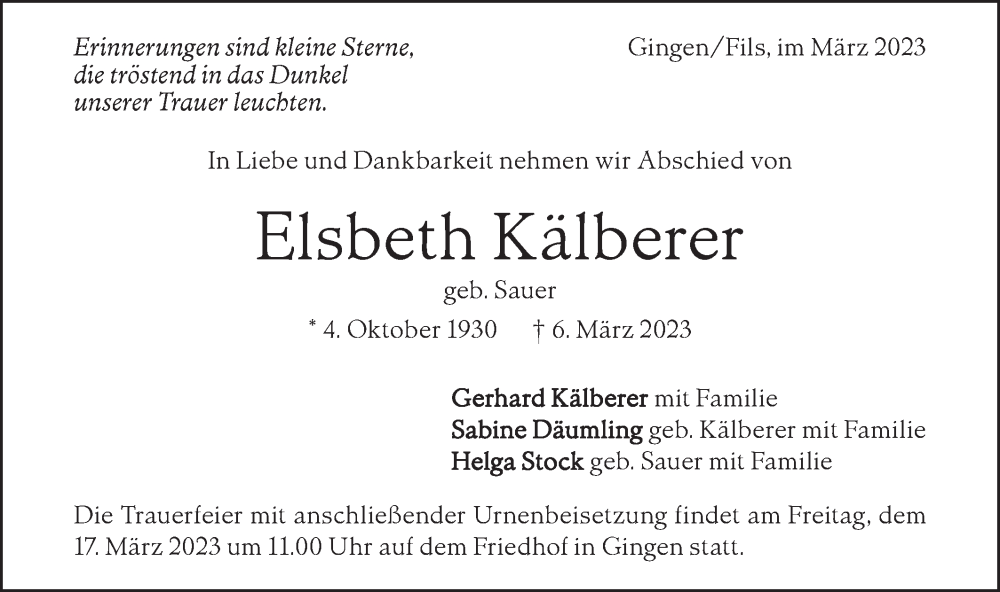  Traueranzeige für Elsbeth Kälberer vom 14.03.2023 aus Geislinger Zeitung