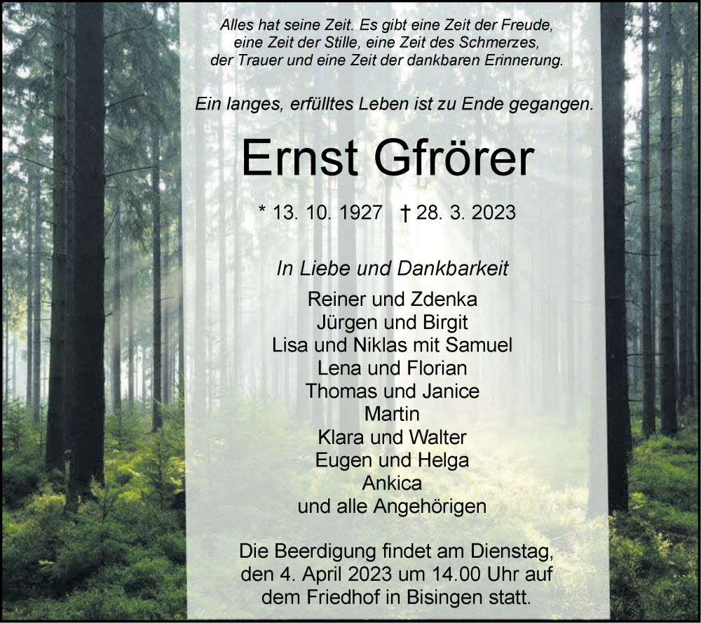  Traueranzeige für Ernst Gfrörer vom 01.04.2023 aus Metzinger-Uracher Volksblatt
