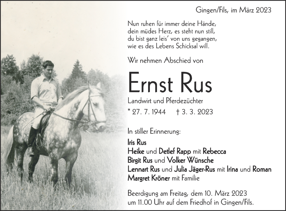  Traueranzeige für Ernst Rus vom 07.03.2023 aus NWZ Neue Württembergische Zeitung/Geislinger Zeitung