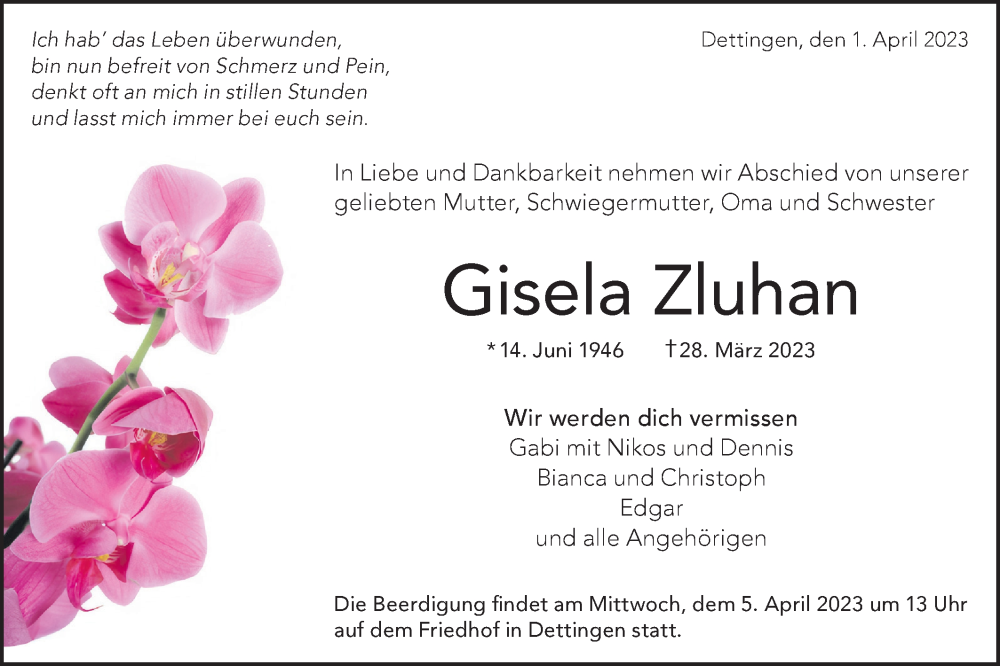 Traueranzeige für Gisela Zluhan vom 01.04.2023 aus Metzinger-Uracher Volksblatt