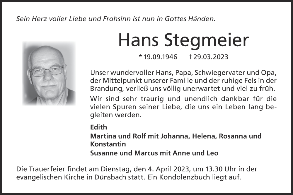  Traueranzeige für Hans Stegmeier vom 01.04.2023 aus Hohenloher Tagblatt