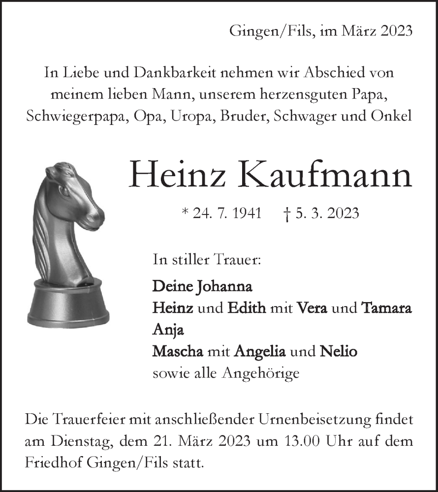  Traueranzeige für Heinz Kaufmann vom 15.03.2023 aus Geislinger Zeitung